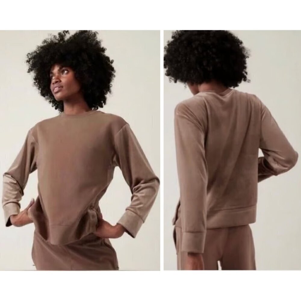 Athleta Brown Retroplush Velvet Snap Sides Crewneck Sweatshirt 37272